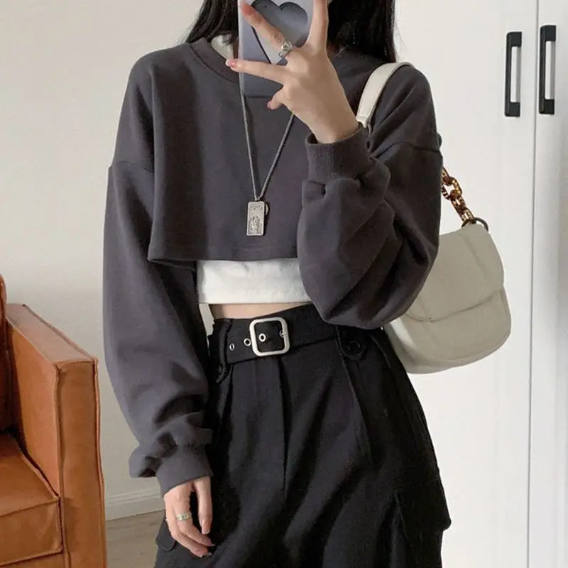 

Solid short o-neck sweater women's clothes 2021 new spring summer Korean fashion high waist cropped long-sleeved sweater trend