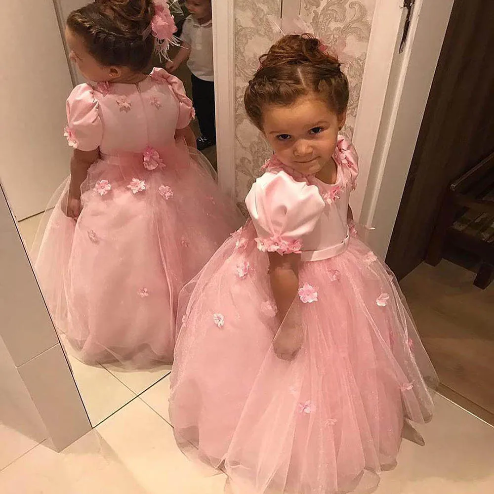 

Pink Simpl Cheap Flower Girl Dresses Hand Made Flowers Tulle Little Girl Wedding Dresses Cheap Communion Pageant Dresses Gowns