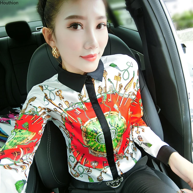 

Autumn New Women's Blouses Polo Shirt Long Sleeve Tops Printed Blouse Girl Geometry Chiffon Casual Fashion Slim