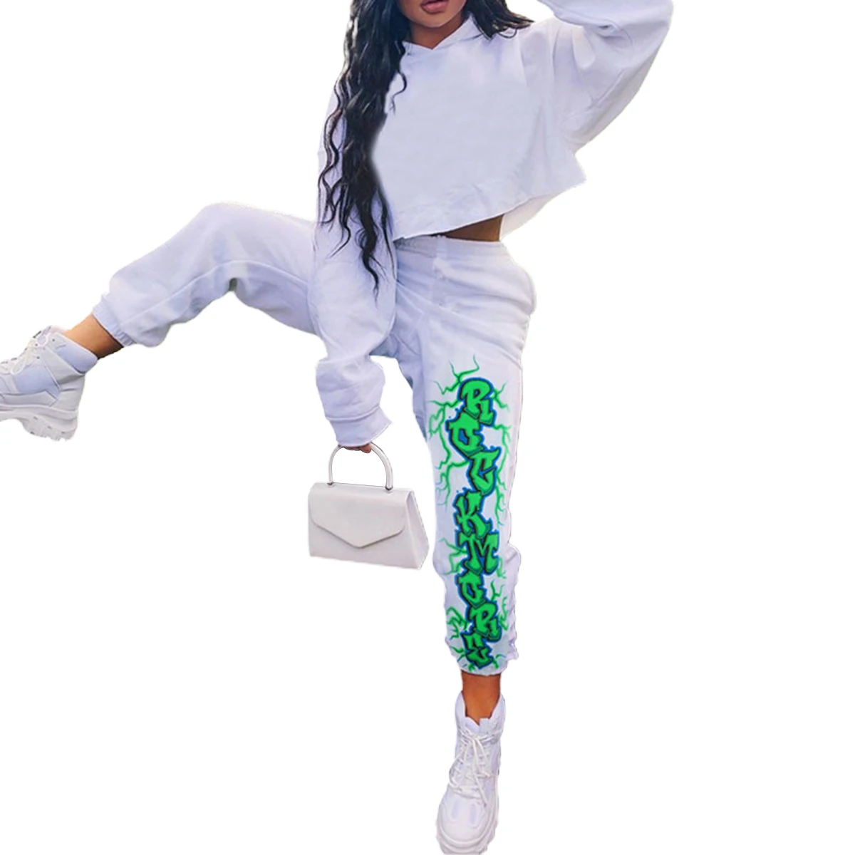 

Женские свободные брюки в Корейском стиле, повседневные брюки с высокой талией и принтом в виде надписи с пламенем, спортивные штаны для дев...