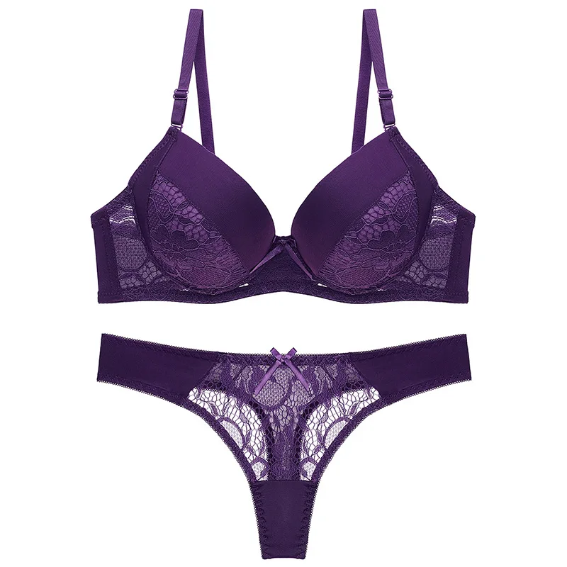 

Sexy Thong Bra Suit Glossy Sexy Ladies Gather Shaping Lace Perspective Deep V Underwear Suit Detachable Shoulder Strap Two Piece