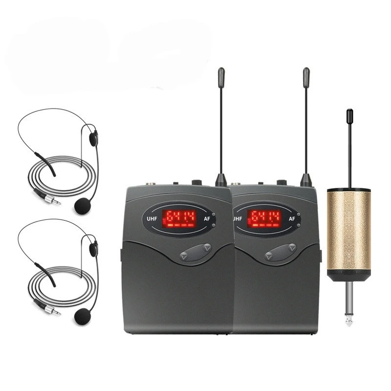 

Wireless Microphone System,UHF mic Set With Headset Mic Beltpack Double Transmitter Receiver 1/4
