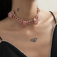 hip hop pink crystal rose gold cute butterfly pendant necklace womens miami cuba curb chain necklace rock charm jewelry