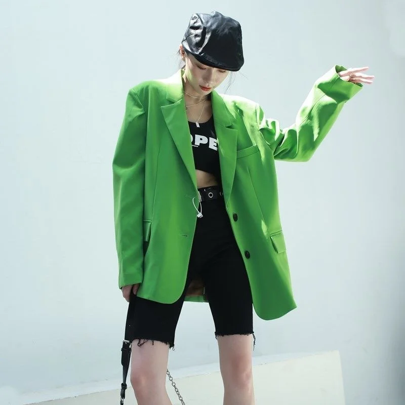 

Deep fried Street loose light fluorescent green suit coat women show thin medium length green shoulder pad suit fashion
