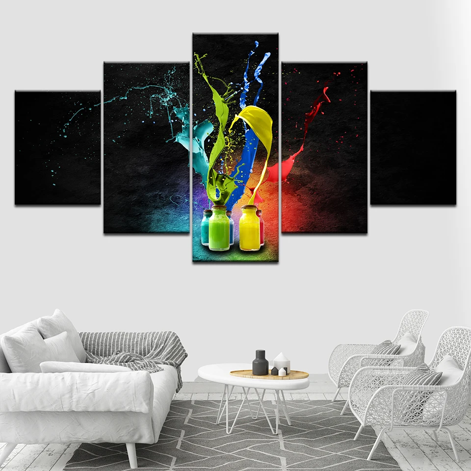 Art Living Room Printed Home Decor Canvas Pictures 5 Panel Color Bottle Abstract Splash Modern HD Frame Painting Poster Wall | Дом и сад