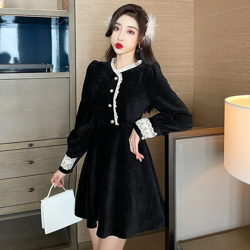 

Black Puff Long Sleeve Ruffle Collar Mini Dress Women Winter High Waist Slim Prom Dresses Ladies Lace Button Elegant Short Dress