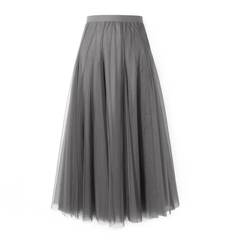 

2021 Spring Summer New Mesh Pleated Fairy Skirt Fashion Solid Color High Waist Elegant Skirt Holiday Party Midi A-Line Skirt