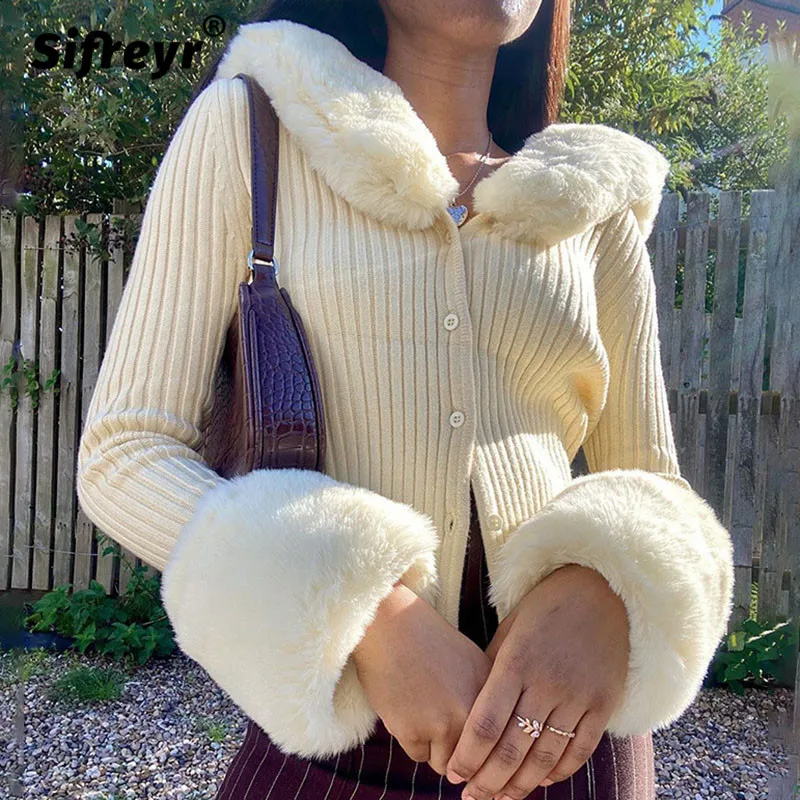 

Женский трикотажный кардиган Sifreyr, модный свитер с меховой отделкой и воротником, пальто с длинным рукавом, джемперы Y2K, трикотажные кофты на...