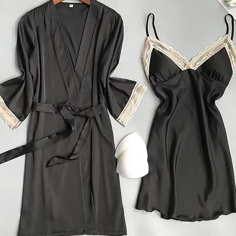 

Lace Trim Bridal Wedding Robe Set Women's 2021 New 2PCS Suspender Nightdress&Bathrobe Suit Sexy Spring Autumn Kimono Bath Gown