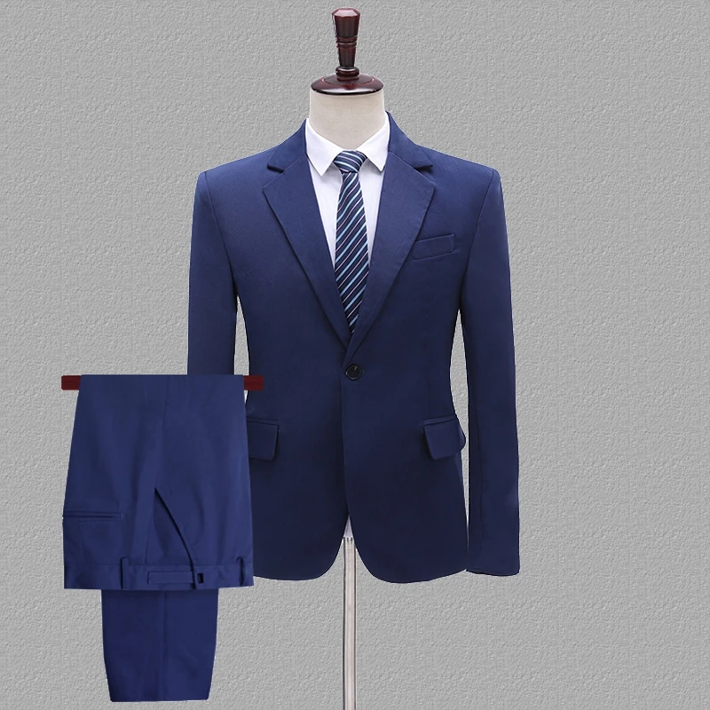 Shenrun мужской костюм из 2 частей сплошной цвет обычный Свадебный Жених куртка брюки Тонкий желтый синий розовый голубой костюмы сценический наряд певец и ведущий - Цвет: Navy Blue