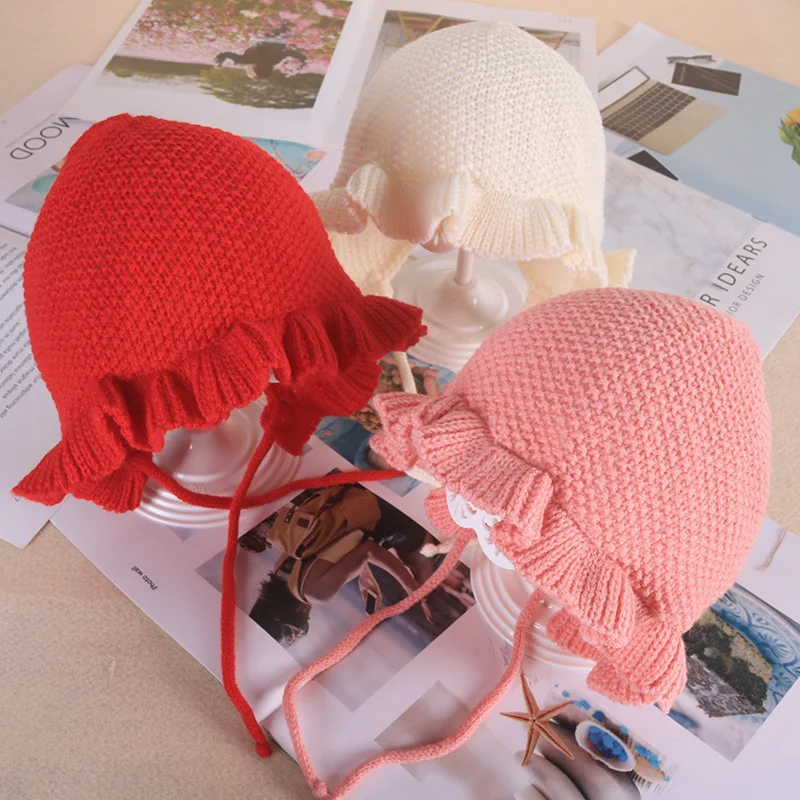 Шапочка для новорожденных девочек с милым цветком вязаная теплая весна-осень |