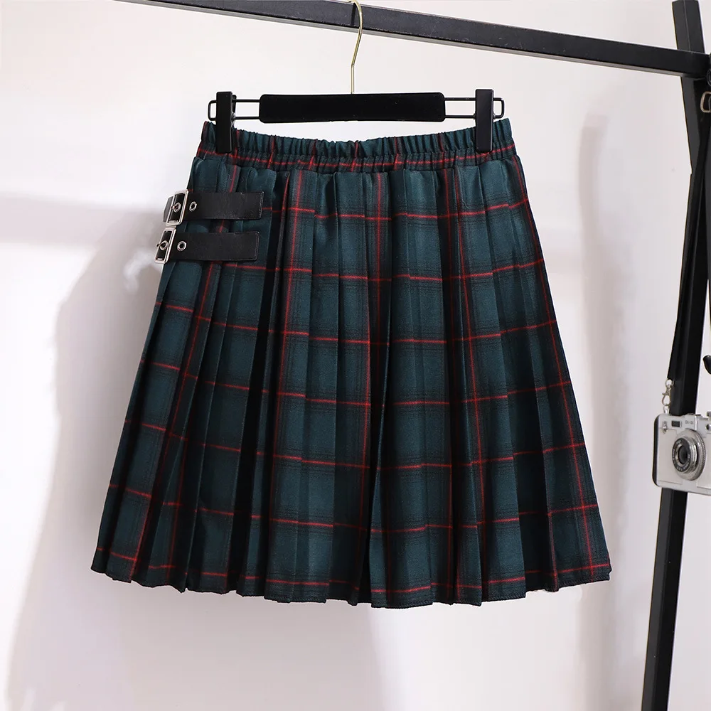 Женская плиссированная мини-юбка в клетку с поясом на резинке |