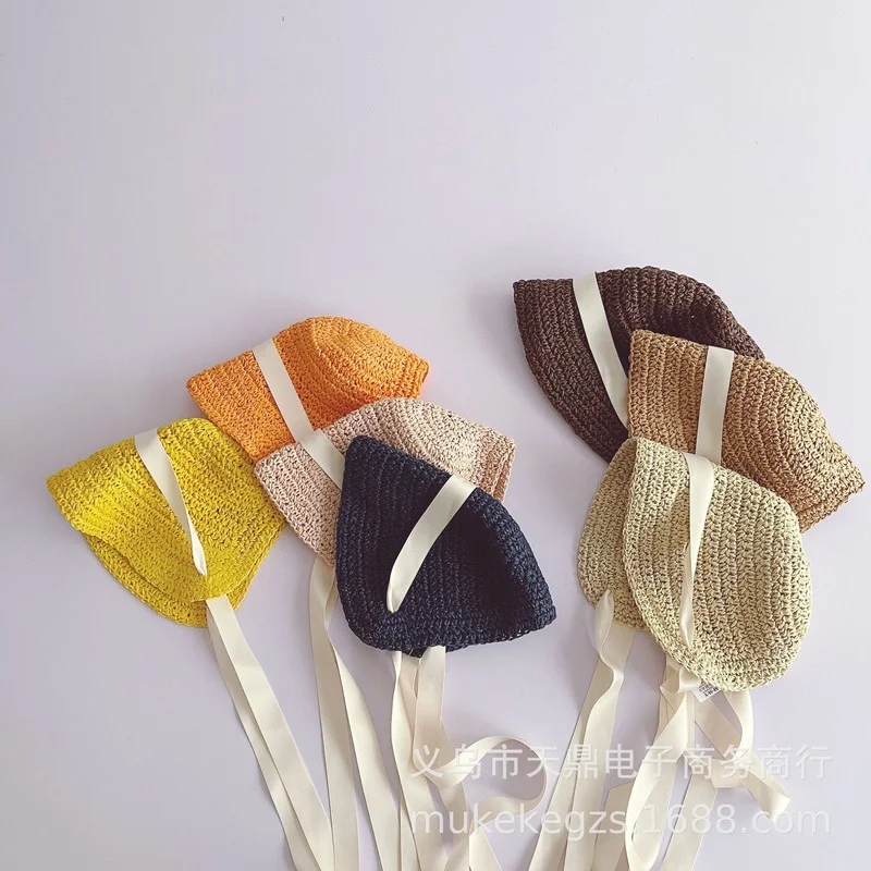 

Literary Children Ribbon Straw Hat Summer Cute Baby Boys and Girls Straw Concave Shape Solid Color Cool Hats