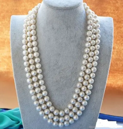 Elegant 8-9mm AA+ WHITE AKOYA PEARL NECKLACE Long 49INCH 925silver Gold Clasp