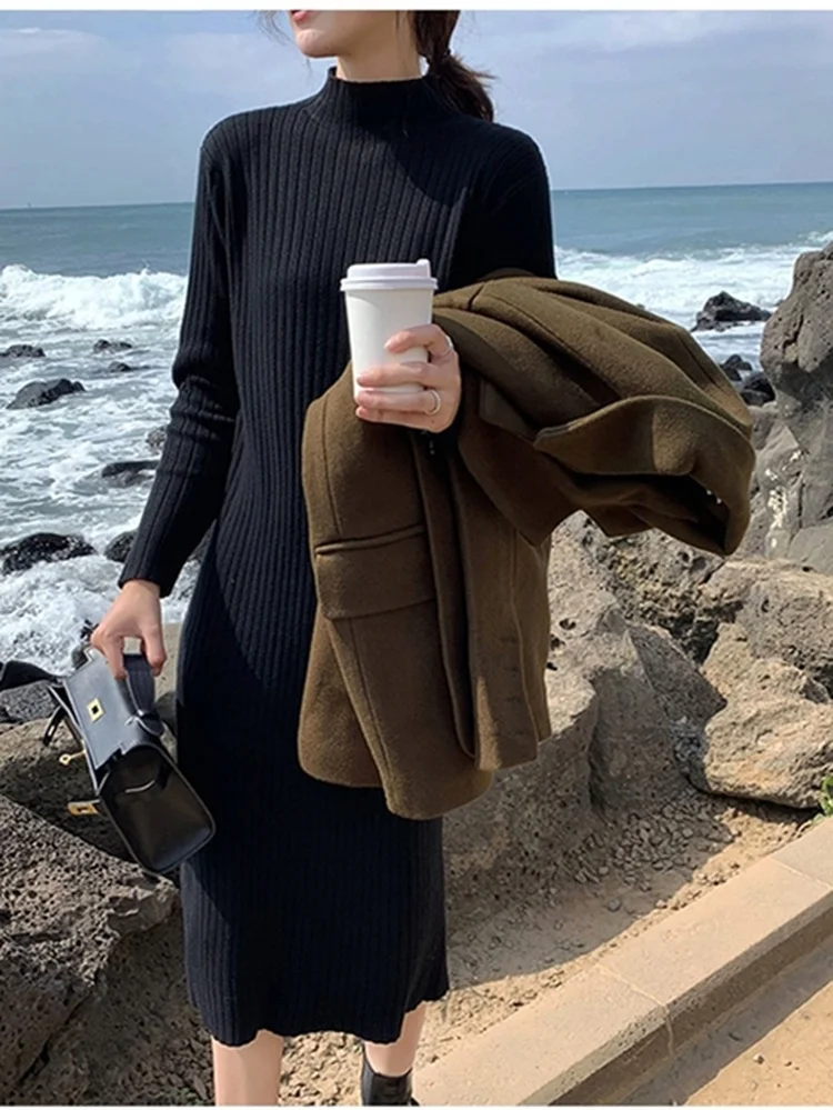 

2020 New Thick Warm Women Sweater Dress Casual Half Turtleneck Long Sleeve Female Knitting Dress Midi Vestidos Femme