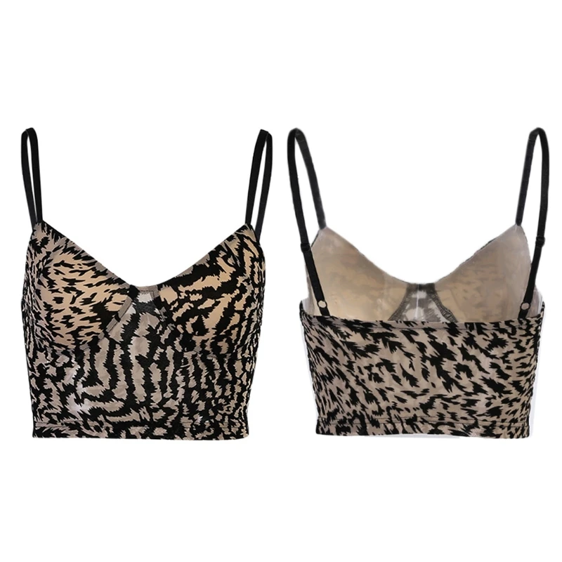 

Women Spaghetti Strap Crop Top Boho Leopard Print Sexy V-Neck Mesh Camisole Vest