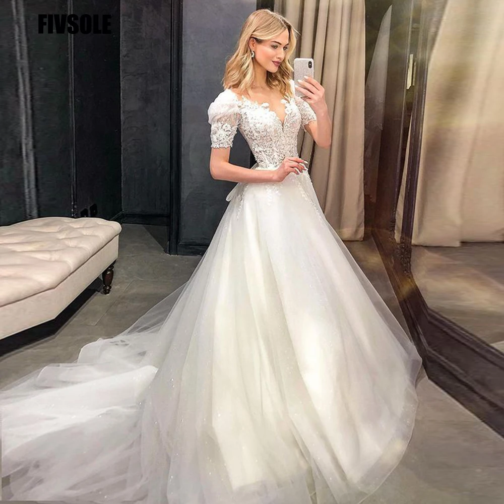 

Fivsole Boho Ball Gown Wedding Dresses 2022 V-neck Cap Sleeves Lace Bohemian Bride Dress Beach Bridal Gowns Vestidos De Noiva