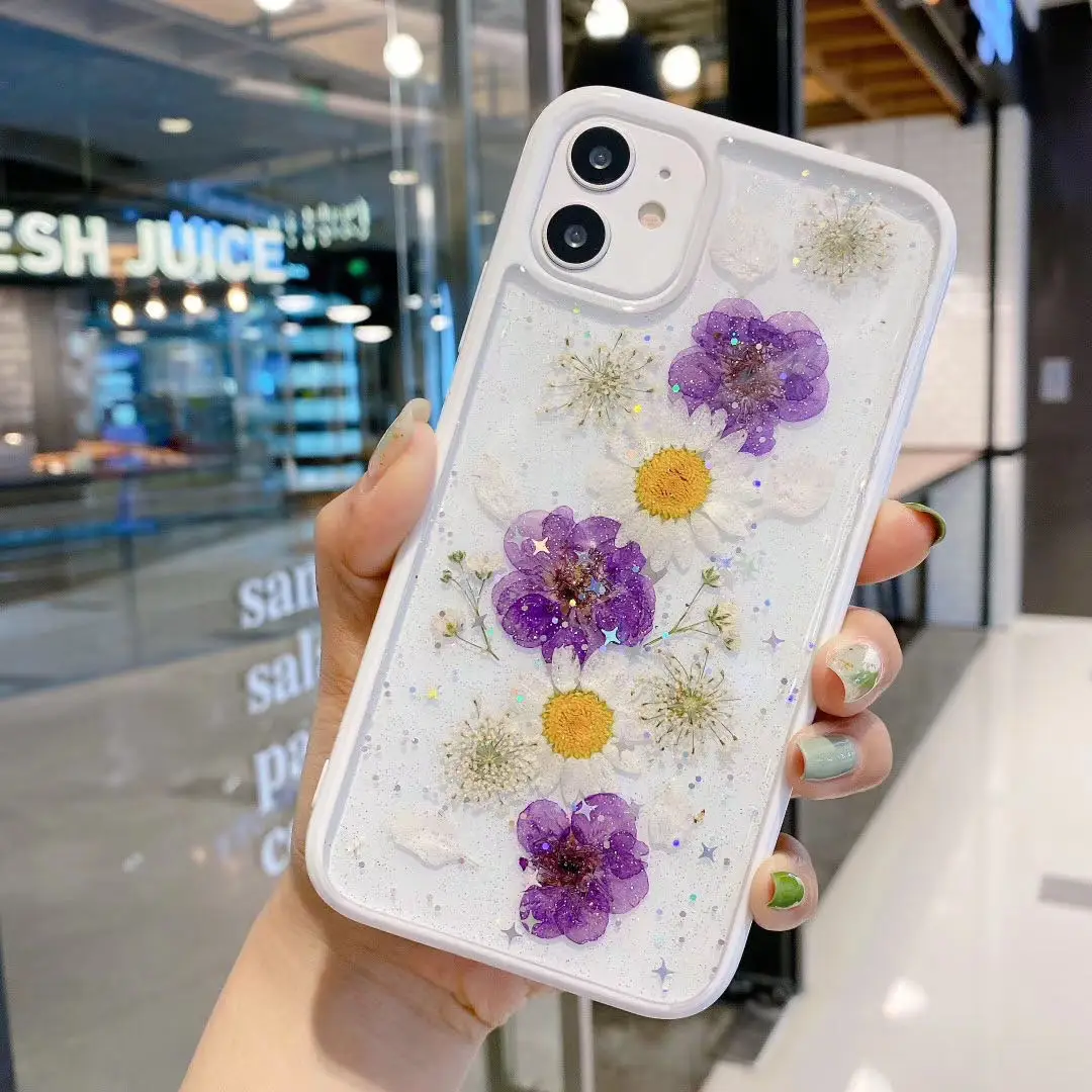 

Glitter Dry Flower Daisy Phone Case for IPhone 12 11 Pro Max 7 8plus X Xr Sequins Clear Soft Tpu Bumper Case Back Cover