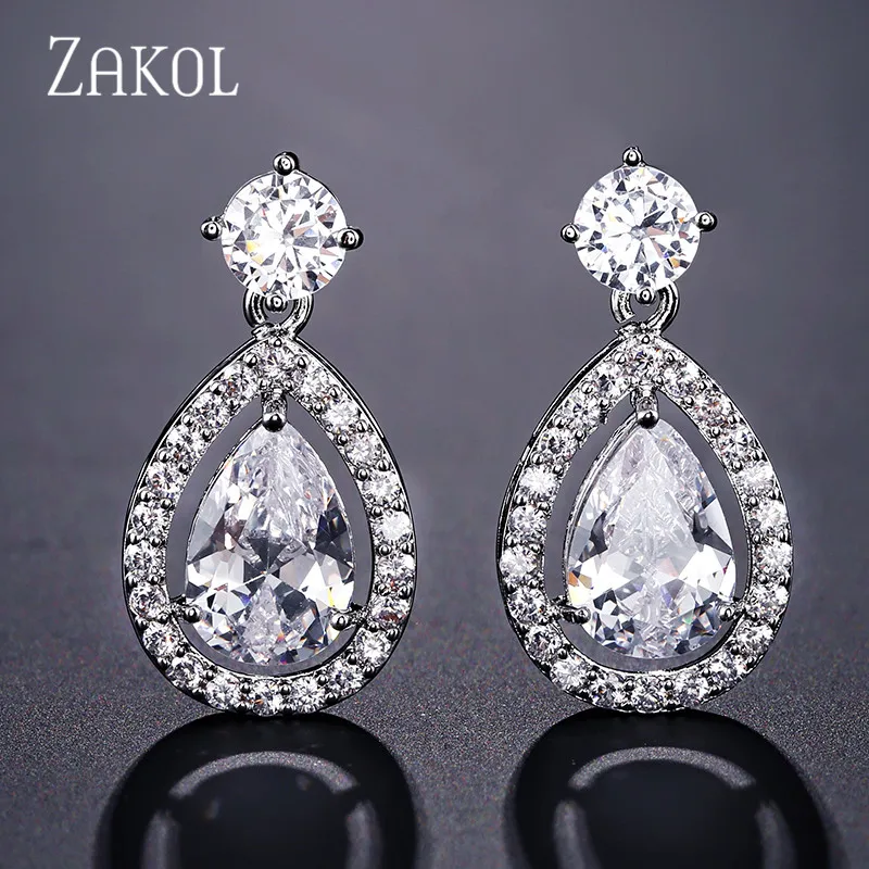 Длинные серьги в виде капель из белого/розового/желтого золота от ZAKOL, женские серьги-капельки с прозрачным кристаллом для ногтей, ослепительный свадебный подарок FSEP2263