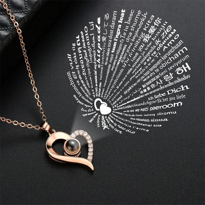 Dropshippi серебро 100 языков I Love You Проецирование кулон ожерелье для женщин CZ Ювелирные изделия из нержавеющей стали Золотая цепочка колье для женщин