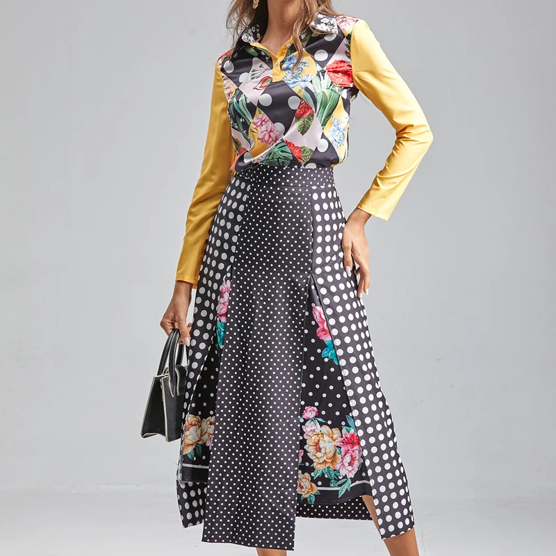 

2021 Spring New Style Ethnic Bohemian Retro Print Polka Dot Long Sleeve Shirt Slim Temperament Half Skirt Suit Women'S Clothing