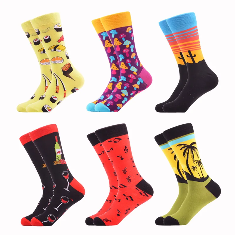 06652 (6pairs) SANZETTI, цветные мужские забавные носки без пятки из чесаного хлопка, платье с геометрическим рисунком, новинка, уличные носки для катания на коньках, носки для свадьбы, счастливый подарок - Цвет: 06652 (6pairs)