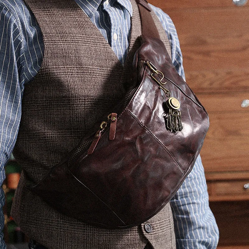 Men's chest bag leather handmade waist bag shoulder bag shoulder bag retro vegetable tanned cowhide messenger bag