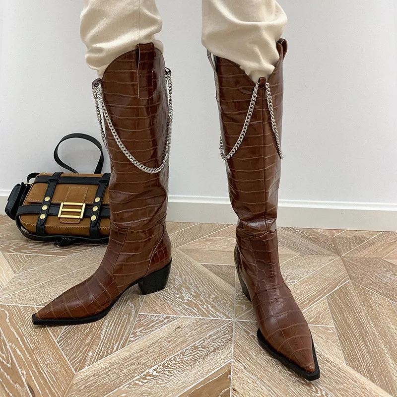 

FEDONAS Metal Decoration Cambat Boots For Women Knee High Genuine Leather Thick Heels Shoes Woman Party Casual Tight High Boots