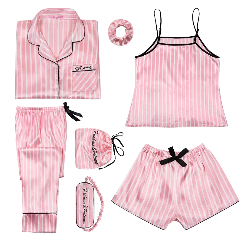 Pink Women's Pajama Set Silk Striped Pyjama Women Sleepwear Autumn Winter Homewear Robe Long Sleeve Nightwear Pjs | Женская одежда