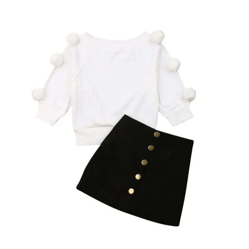 Conjuntos de ropa de oto&ntilde;o para beb&eacute;s y ni&ntilde;as, Tops de punto con Bola de Pelo de manga larga, su&eacute;ter + bot&oacute;n, minifalda, conjuntos c&aacute;lidos de 1 a 6 a&ntilde;os-4