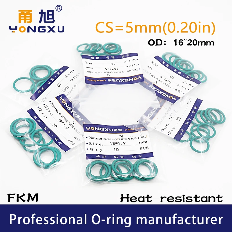 5 шт./лот Фтор резиновое кольцо зеленое FKM уплотнительное CS5mm OD16/17/18/19/20*5 мм