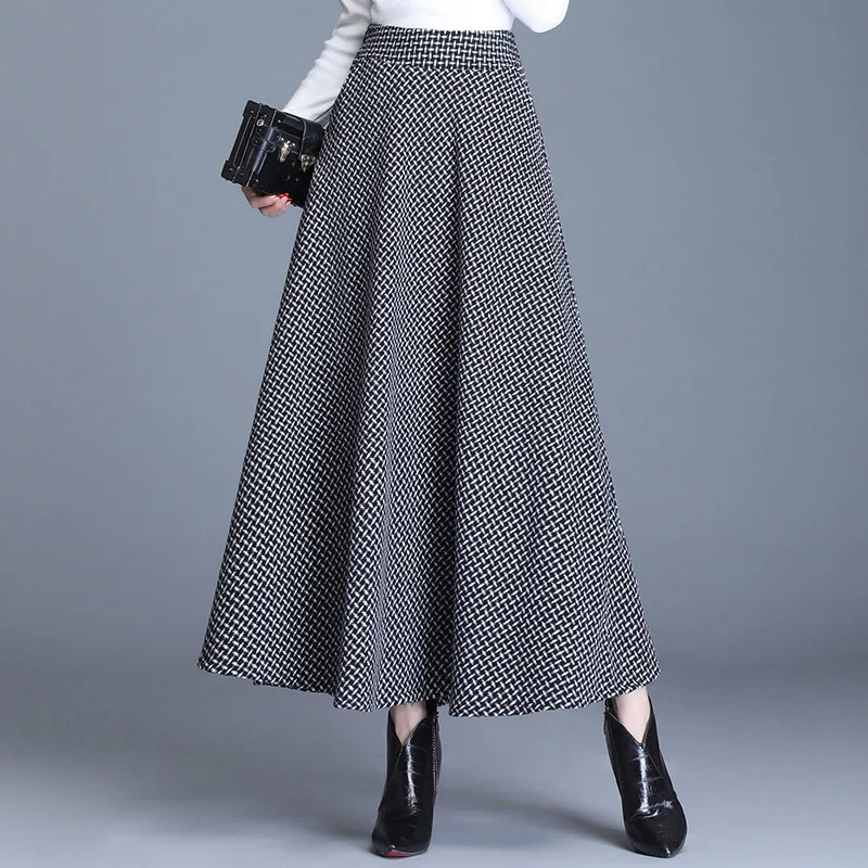 

Winter Long Plaid Woolen Skirts Women High Waist Warm A-Line Vintage Pleated Skirt Office Elegant Maxi Skirt