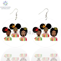 somesoor afro little melanin queen natural hair wooden drop earrings black curly poppin art printed loops dangle for women gifts