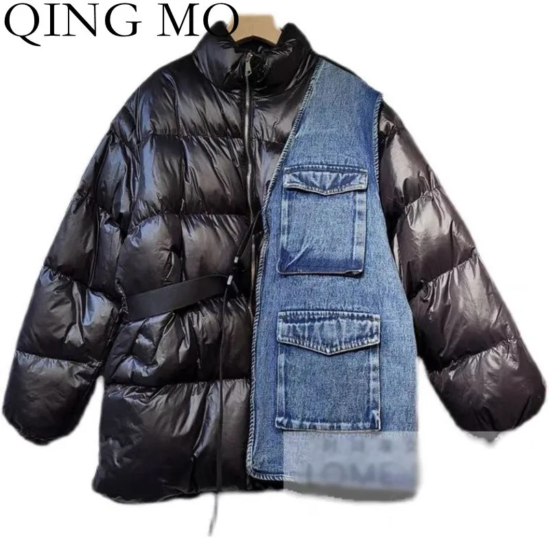 

QING MO Fashion Denim Stitching Plus Size Warm Cotton Jacket Women 2021 Winter Loose Zipper Cardigan Stand Collar Jacket ZWL1699