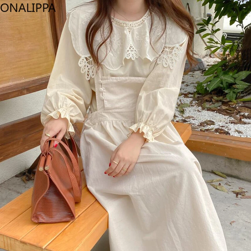 

ONALIPPA милые темпераментные комплекты для женщин Корейский возрастной кружевной вязаный крючком лацканами с пышными рукавами рубашка двубо...