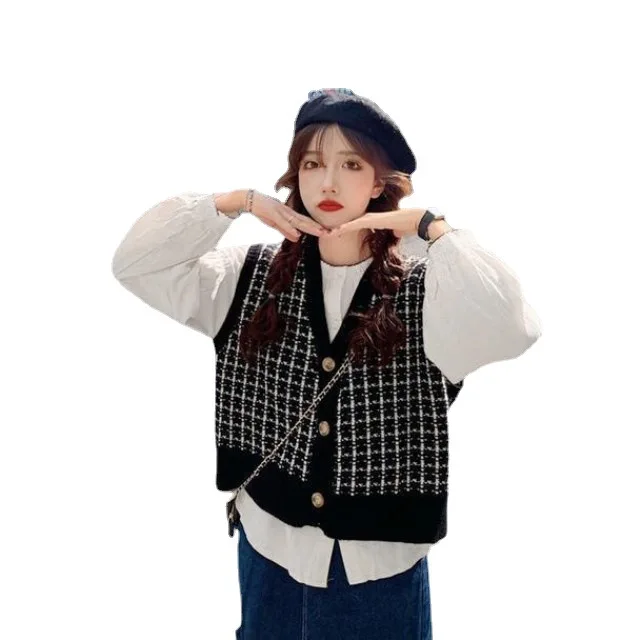 

Vintage Plaid Knit Waistcoat Women Autumn Korean Preppy V-neck Sleeveless Sweater Cardigan Female Casual Loose Knitwear Vest Top