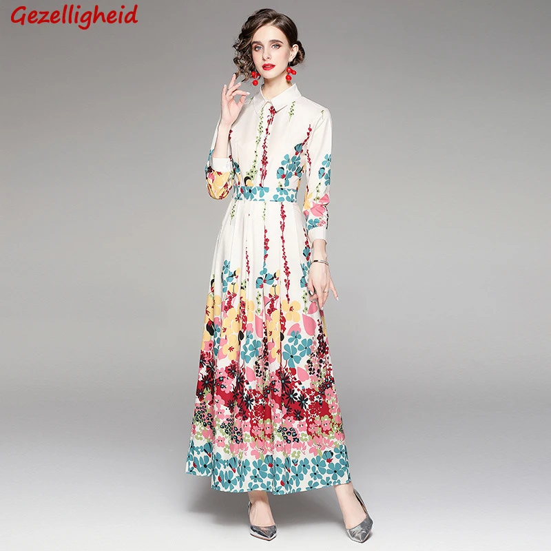 

Gezelligheid Dresses For Women 2021 Autumn Fashion Elegant Shirts Long Sleeve Printed Temperament Prom Slim Party Maxi Dress