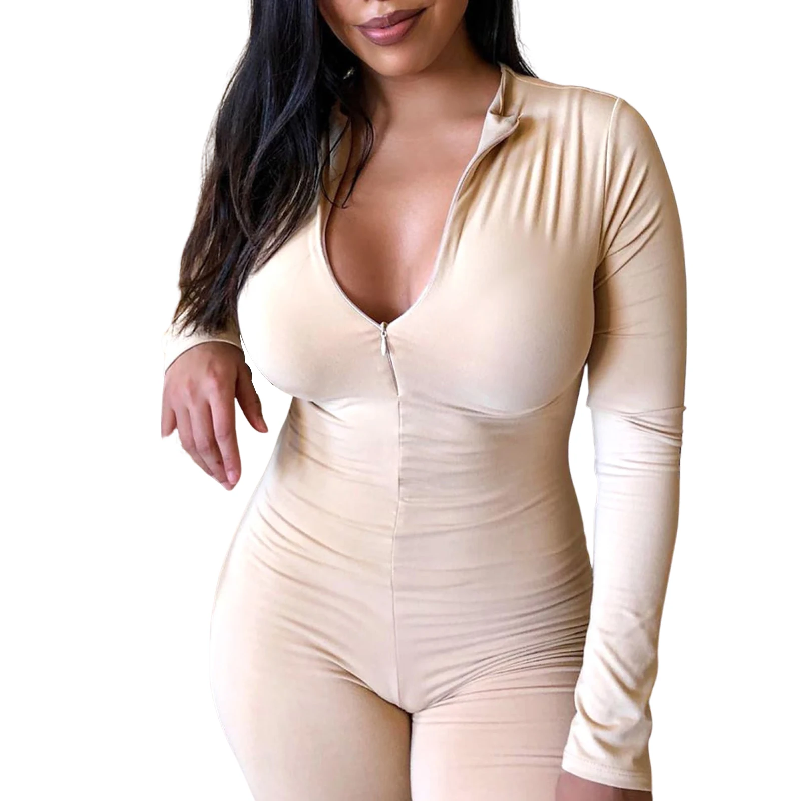 

Women's Sexy Bodycon Rompers, Long Sleeve Zip Up V Neck 1 Pcs Jumpsuit Shorts