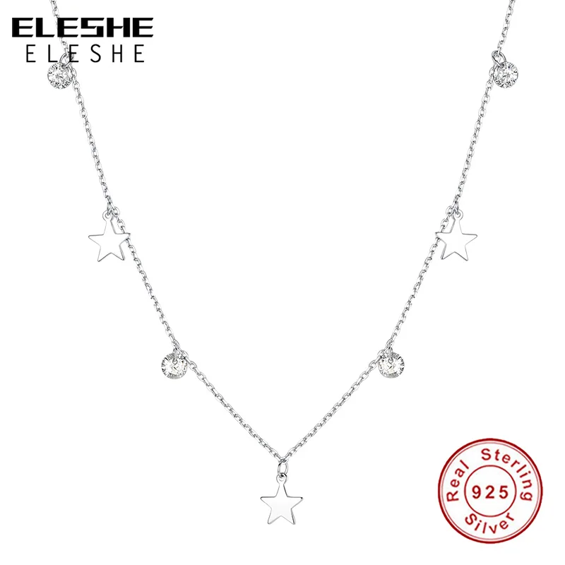 

ELESHE 2021 New 925 Sterling Silver Crystal Necklaces for Women Fine Jewelry Silver Star Pendant Necklace Link Chain Jewelry