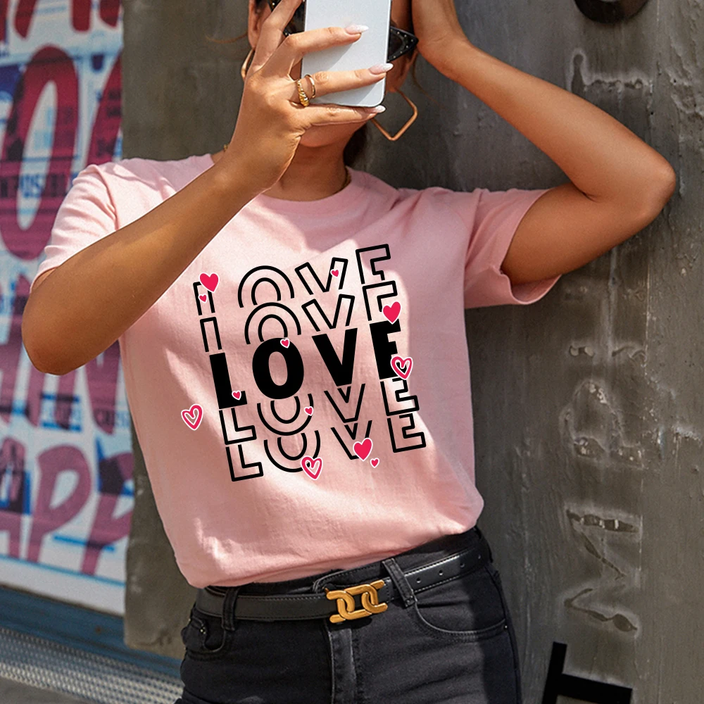 

Harajuku New Women Couple T Shirt Love Print Kawaii Cute Sweet 90s Girls Tees Tops Short Sleeve Valentine's Day Graphic T Shirt