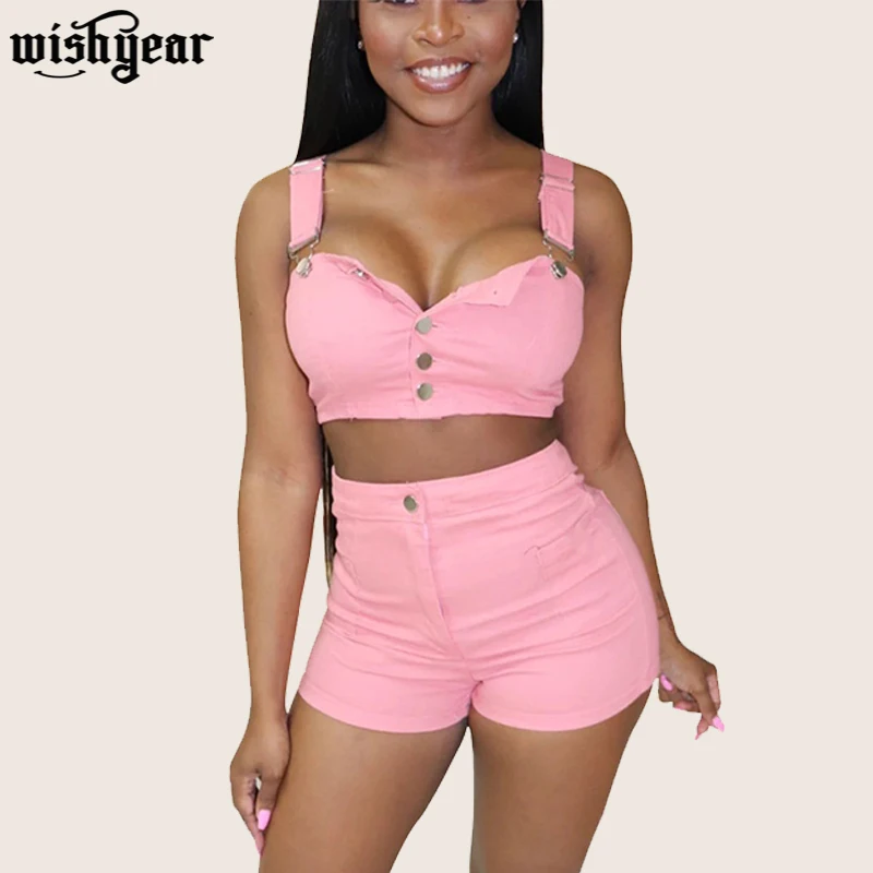 Женский джинсовый костюм Wishyear комплект из двух предметов укороченный топ на