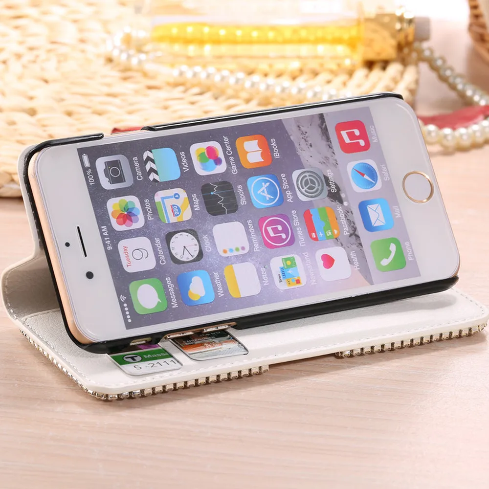 Роскошный кожаный флип чехол с кристаллами и стразами для iPhone 11 Pro X XS MAX XR 5 5G 5S SE 6 6S
