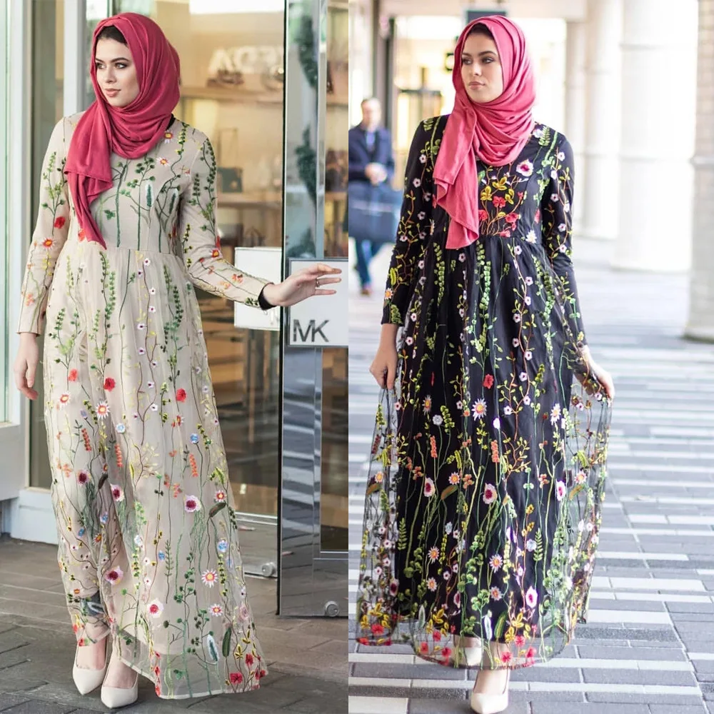 Красивая одежда, модное Сетчатое платье с цветочной вышивкой, мусульманская одежда для женщин, мусульманский Дубай