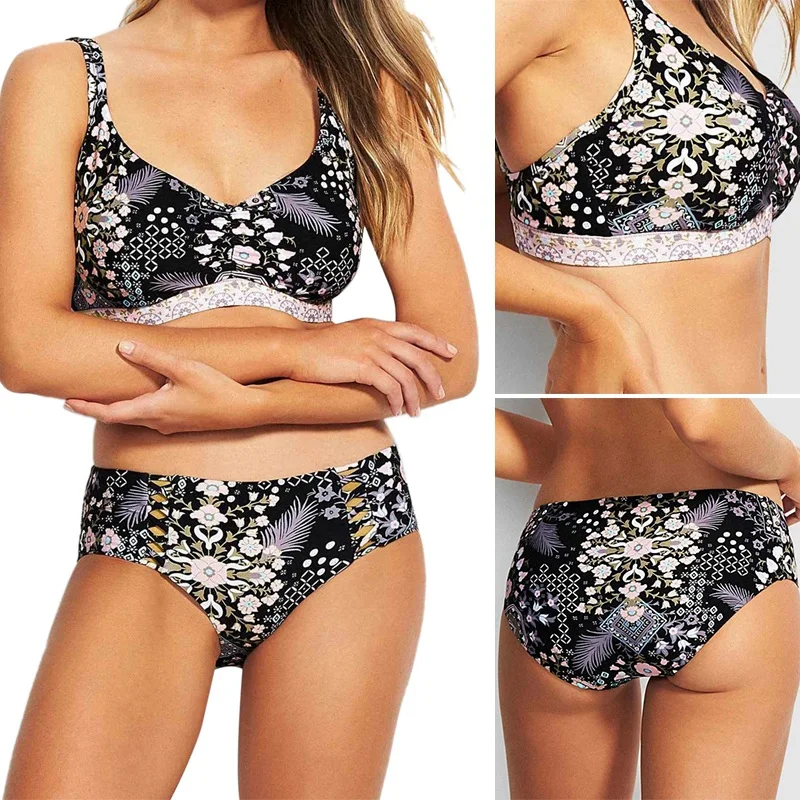 

Female Totem Print Bikini European and American Conservative Split Swimsuit Feminine Halter Swimsuit Black