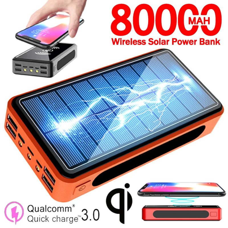 80000mAh Солнечный беспроводной внешний аккумулятор портативное светодиодное