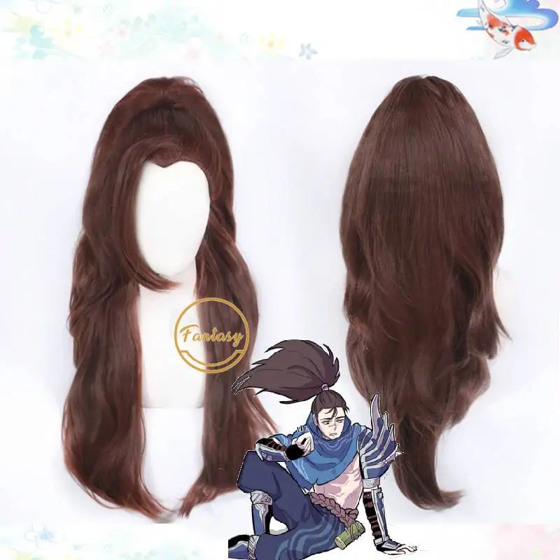 Длинный коричневый парик для косплея Yasuo LOL с истинными повреждениями