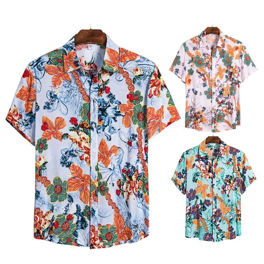 

Tropical Button Shirts For Men Beach Shirt Floral Print Breathable Men Short Sleeve Turndown Collar Top for Beach Casual Tops