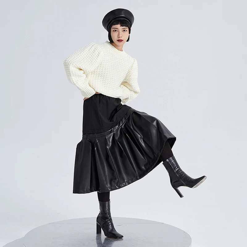 

Elastic Waist High Black Spliced Pu Leather Pleated Half-body Skirt Women Fashion Tide New Spring Autumn 2021 1DD2233