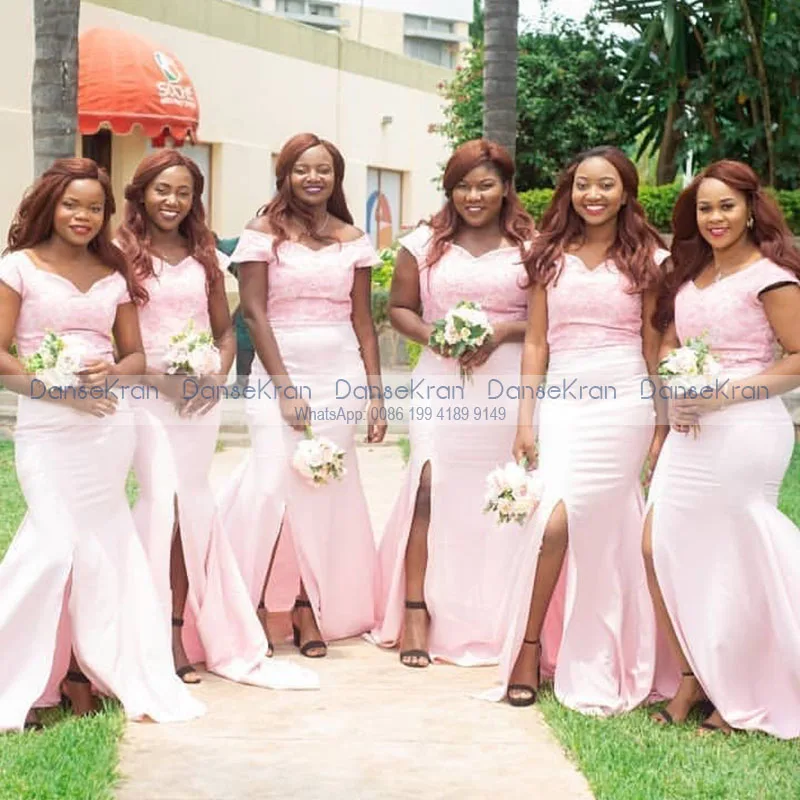 

Розовые кружевные платья подружки невесты с аппликацией, африканские платья с V-образным вырезом и разрезом сбоку для свадебной вечеринки, ...