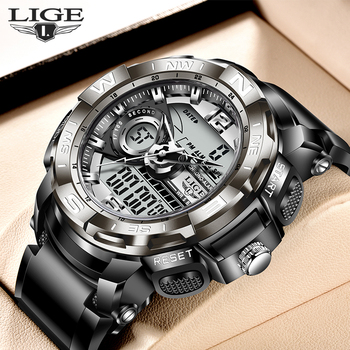 Mens Watches LIGE Sport Men Quartz Wristwatch Creative Diving Waterproof Alarm Watch Dual Display Clock Relogio Masculino 2021-36743